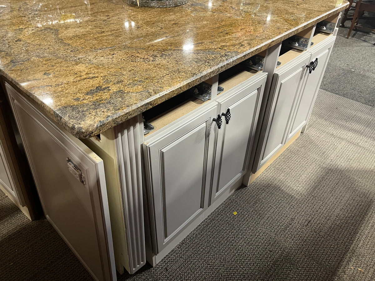 Dark Wood Kitchen with White Island and Caramel Coloured Granite Count Habitat for Humanity