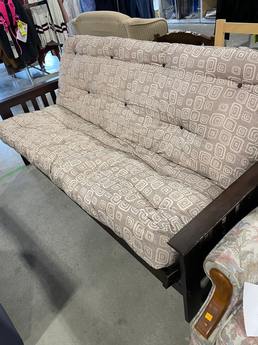 Dark Wood Futon with Beige Pattern Habitat for Humanity Greater