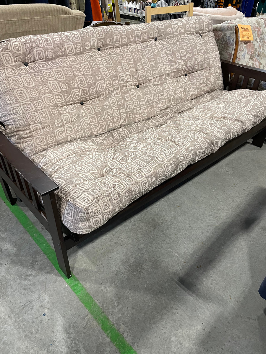 Dark Wood Futon with Beige Pattern Habitat for Humanity Greater