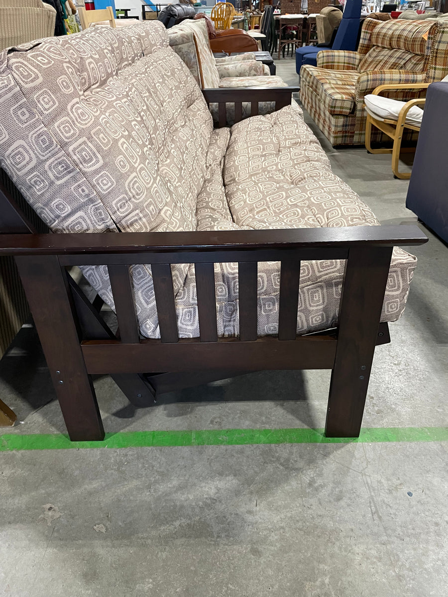 Dark Wood Futon with Beige Pattern Habitat for Humanity Greater