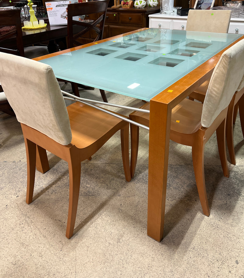 Ligne Roset Extensia Extendable Glass Dining Table Set with 8 Matching Wooden Chairs