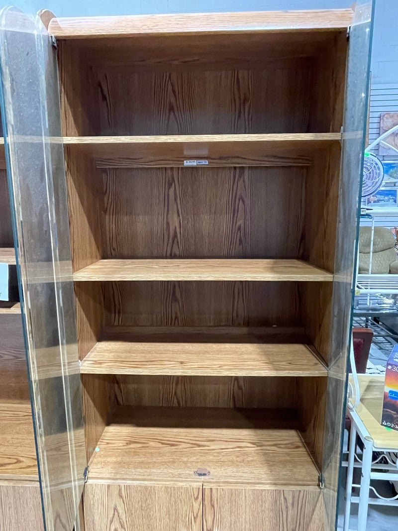 Vintage Light Oak Display Cabinet with Glass Doors