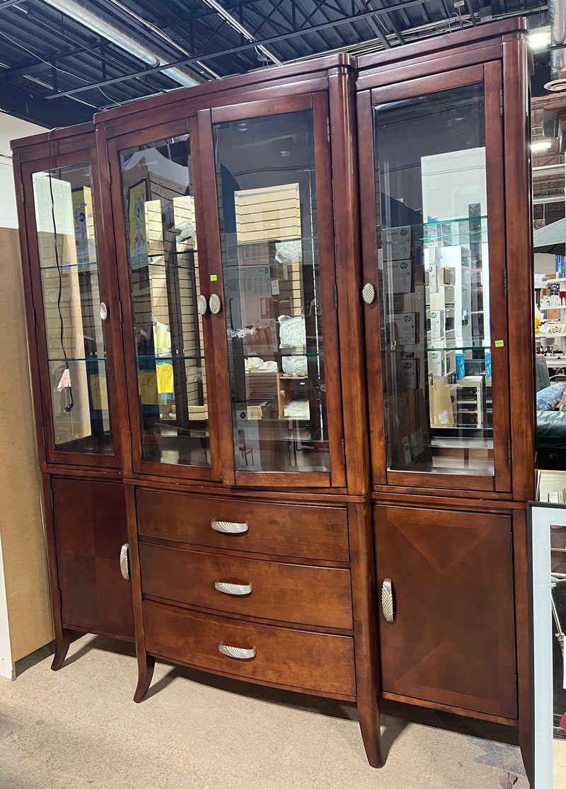 Elegant 2-Piece Lighted Dark Wood China Cabinet & Buffet with Glass Display Hutch