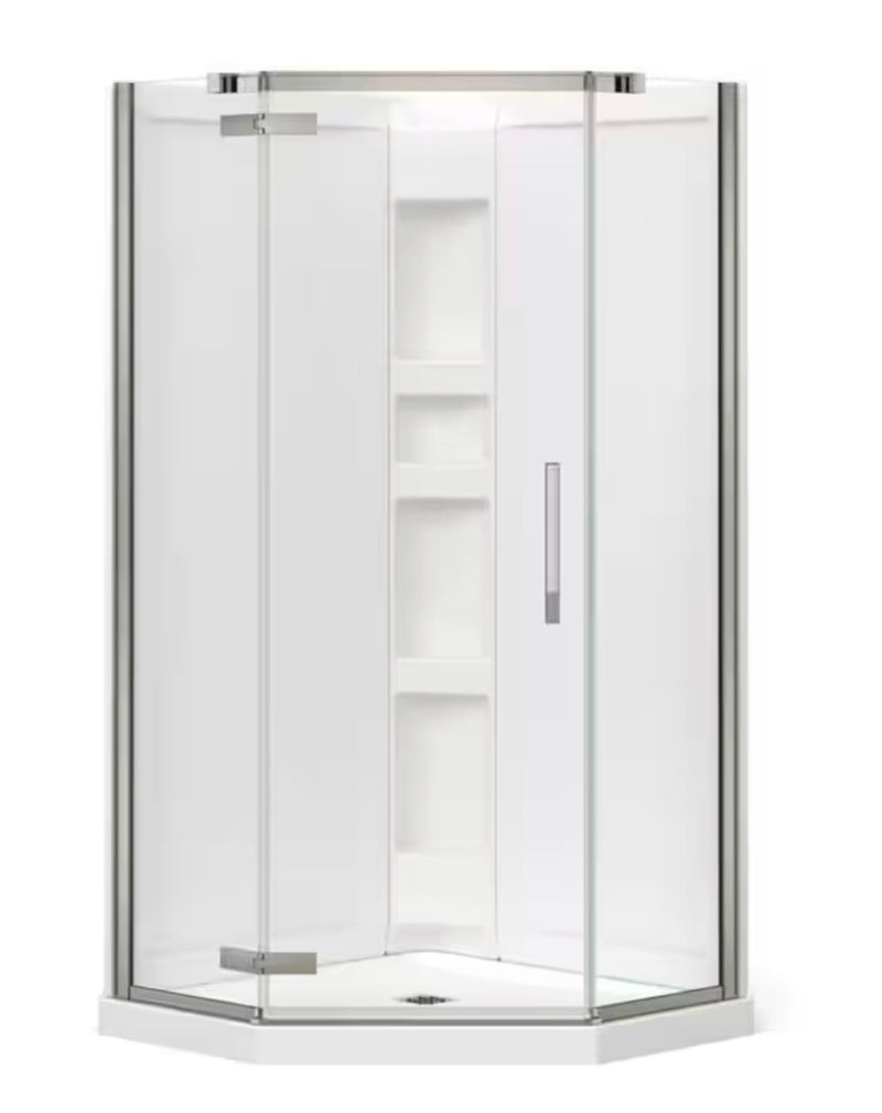 Davana 38” x 78.75” 3-in-1 Corner Shower Kit - Shower Stall Enclosure with Centre Drain Base, Wall, and Glass Shower Door in Brushed Nickel