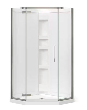 Davana 38” x 78.75” 3-in-1 Corner Shower Kit - Shower Stall Enclosure with Centre Drain Base, Wall, and Glass Shower Door in Brushed Nickel