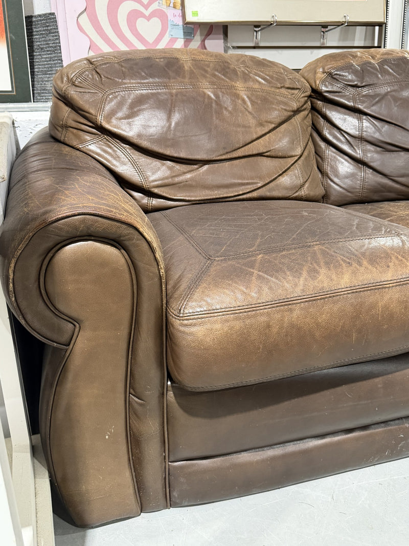 Brown Leather Loveseat with Rolled Arms