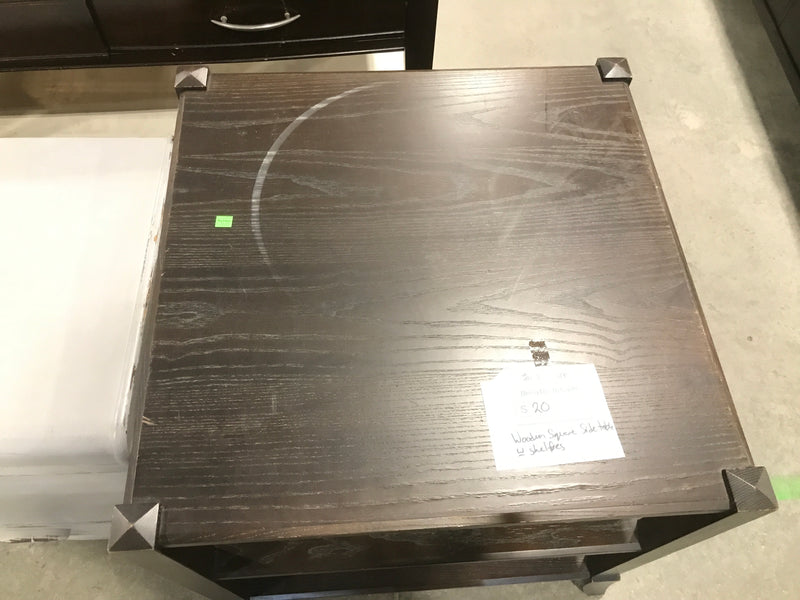 Large Wooden Square Side Table With 3 Shelves