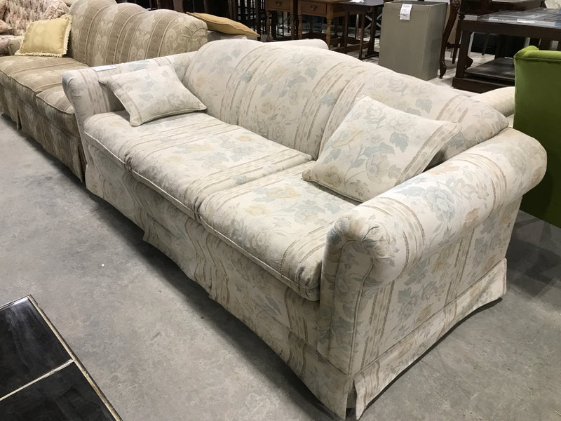 White 3 Seater Couch With Blue Tinted Floral Patterns & 2 Matching Pillows