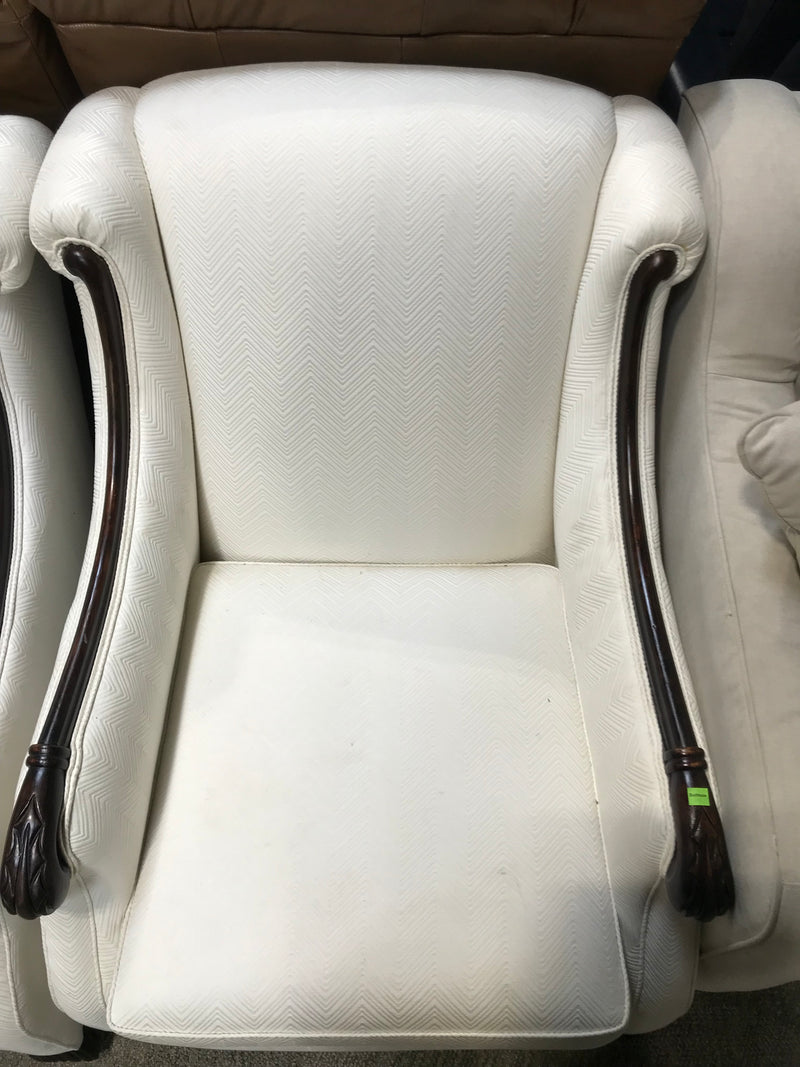 White Arm Chair With Dark Brown Wood Trim