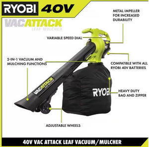 40V Vac Attack Cordless Leaf Vacuum/Mulcher with 5.0 Ah Battery and Charger