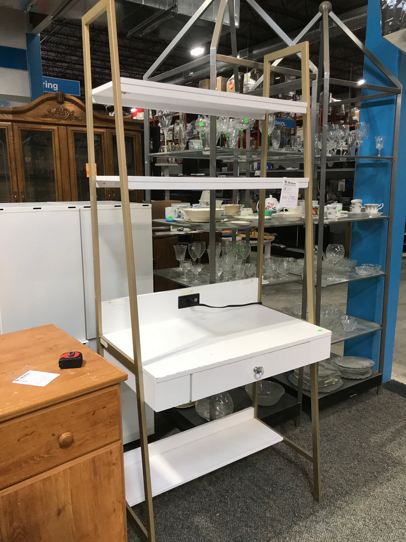 Angled Desk With Tall Tiered Shelves Attached & Outlet