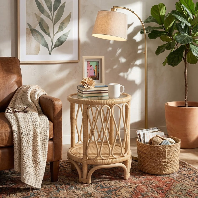 SAHARA Rattan Side Table With Glass Top