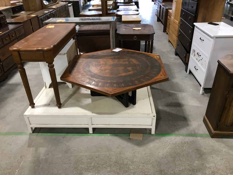 Large Hexagon Rose Wood coffee table with Egyptian Motif on a brass dalay