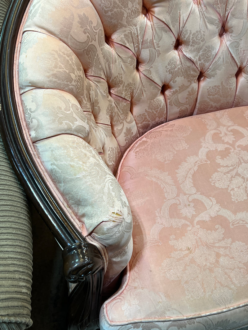 Vintage Victorian Blush Damask Tufted Parlor Sofa