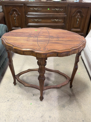Vintage Carved Wood Accent Table with Decorative Inlay