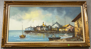 Coastal Harbor Oil Painting in Ornate Wood Frame