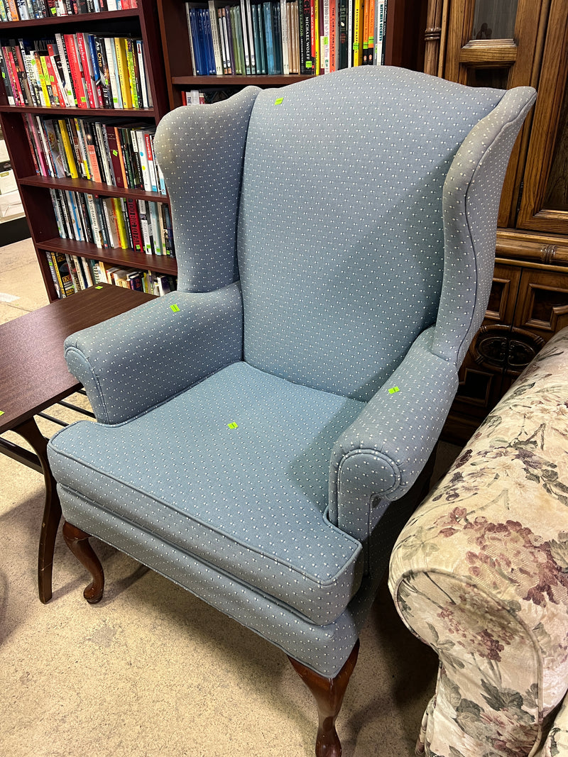 Classic Queen Anne Blue Wingback Armchair