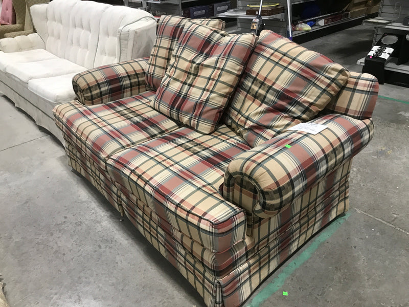 Red & Beige Plaid-Patterned Loveseat
