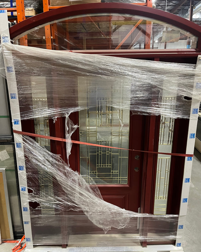Elegant Mahogany Red Front Door with Decorative Glass and Transom