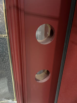 Elegant Mahogany Red Front Door with Decorative Glass and Transom