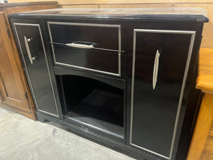 Sleek Black Makeup Cabinet with Silver Trim