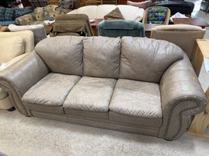 Grey Rolled-Arm Leather Sofa with Nailhead Trim