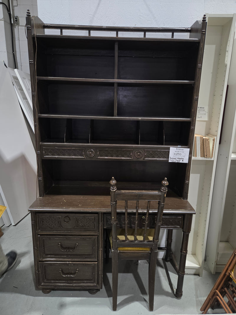 Vintage Wooden Hutch Desk And Chair Set