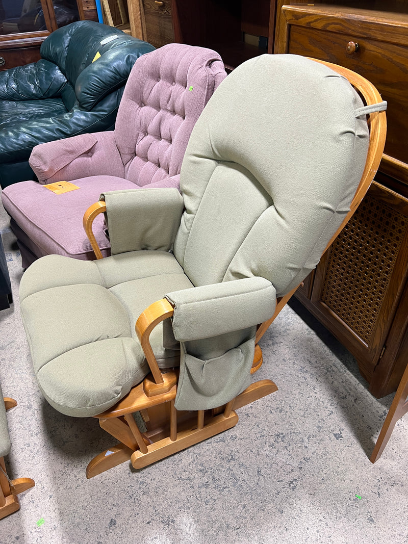 Wooden Glider Rocking Chair with Matching Ottoman – Sage Green Cushions