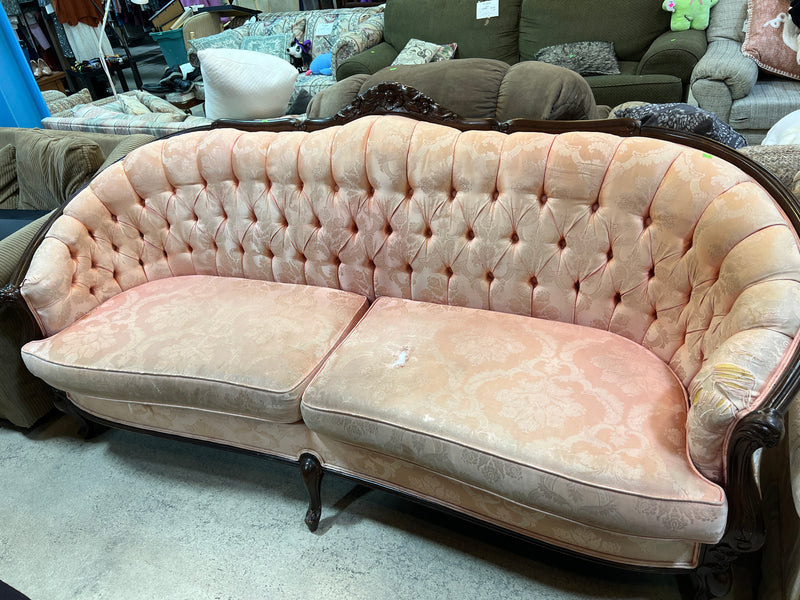 Vintage Victorian Blush Damask Tufted Parlor Sofa