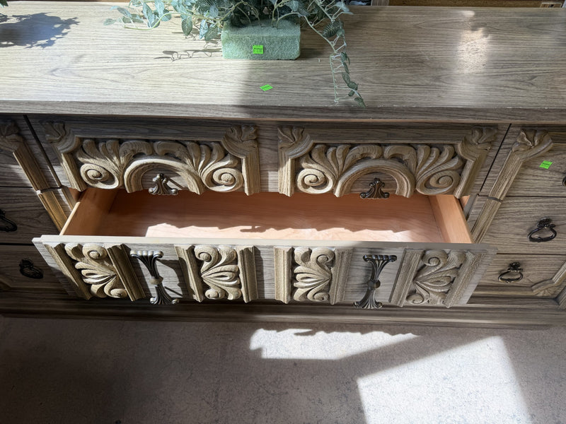 Carved Wood Dresser with Dual Mirrors