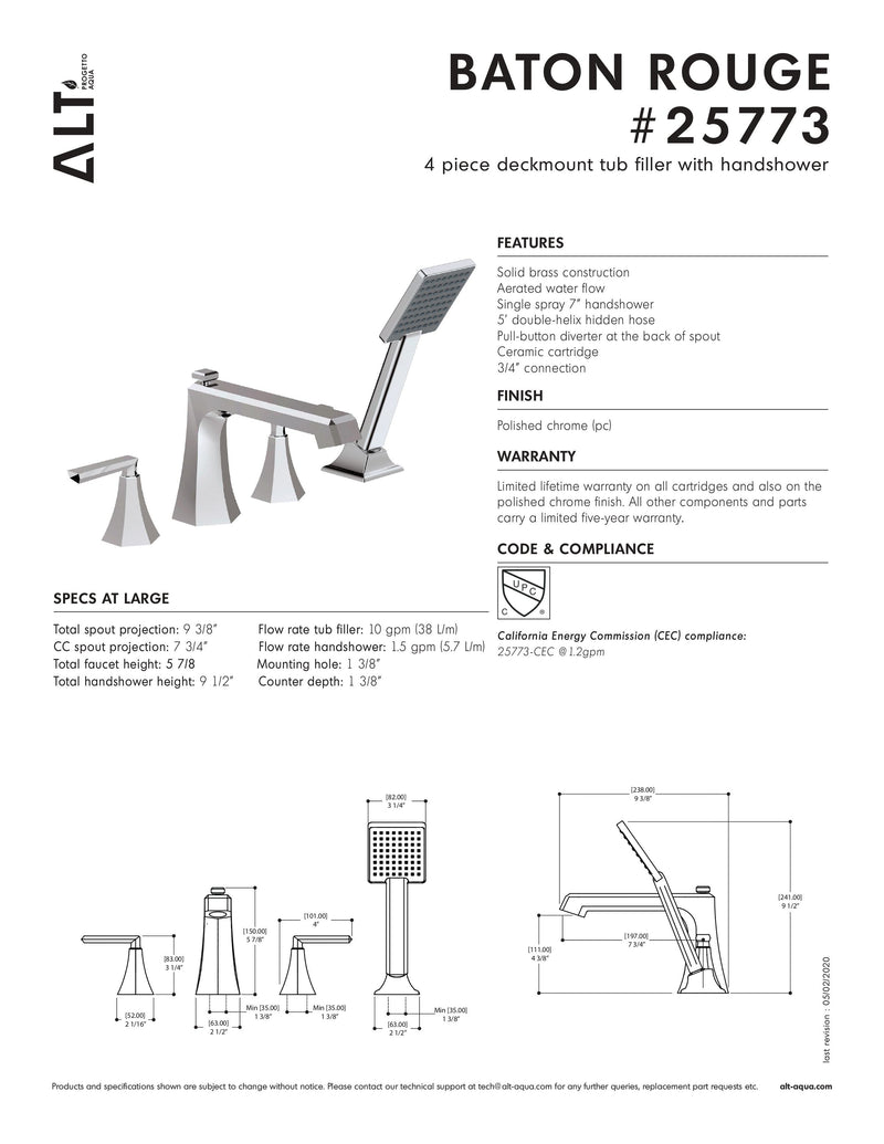 ALT Progetto Aqua Baton Rouge 4-Piece Deckmount Tub Filler with Handshower in a Chrome finish