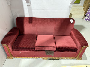 Classic Red Upholstered Sofa with Carved Wood Base