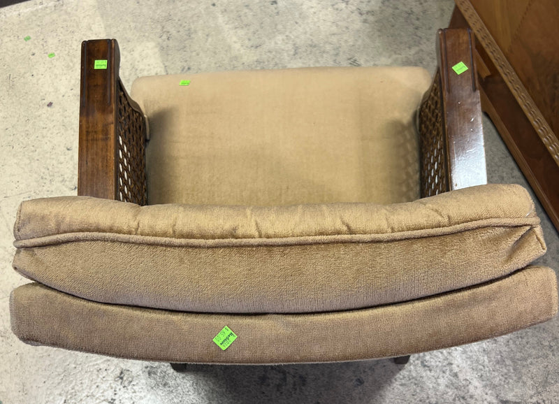 Tan Armchair with Wicker Armrests