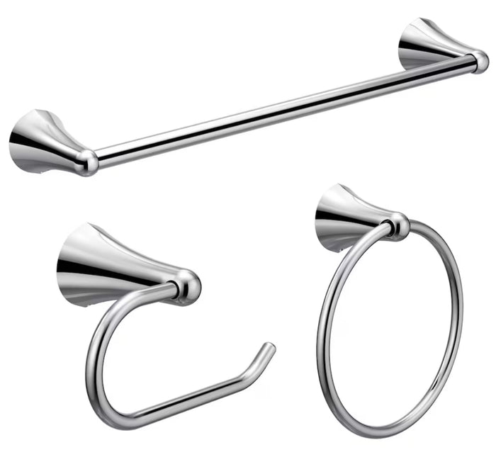 3-Piece Bathroom Accessory/Hardware Set with Toilet Paper Holder, Towel Ring, and 24-Inch Towel Bar in Chrome