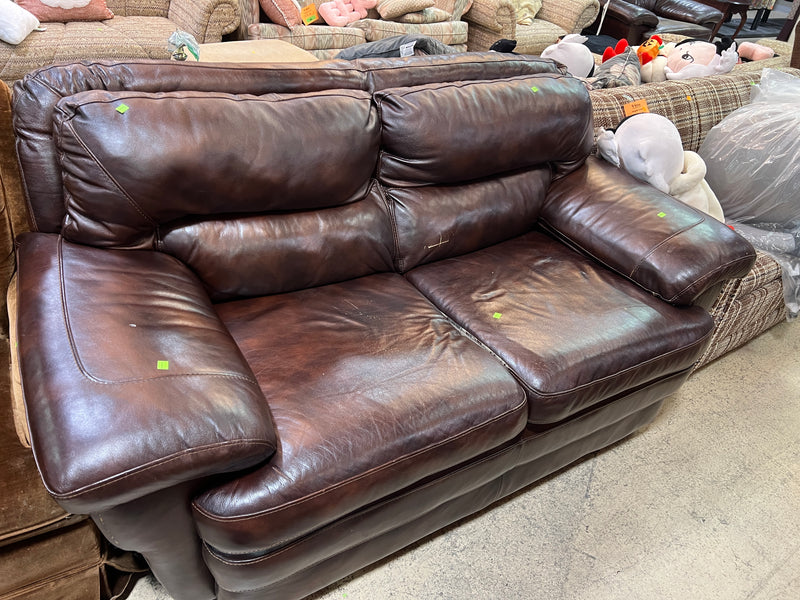 Chocolate Brown Leather Loveseat with Plush Cushions and Padded Pillow-Top Arms