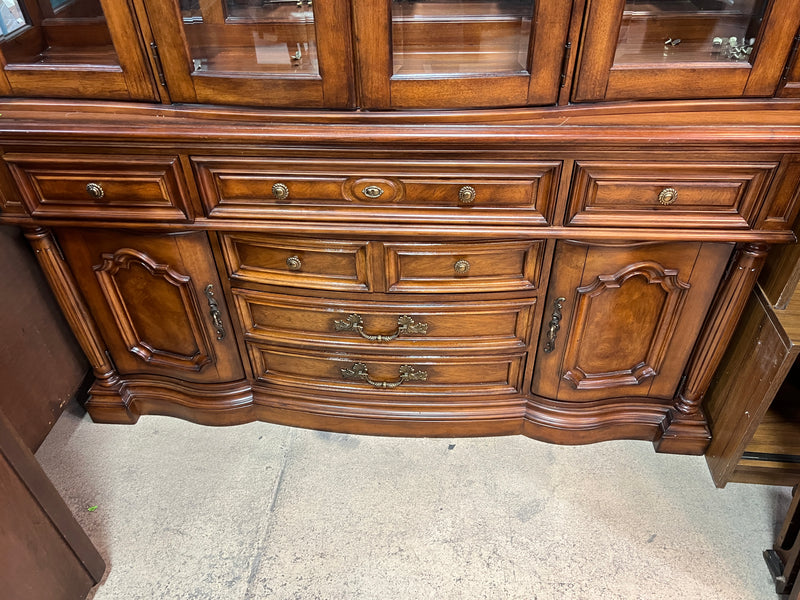 Traditional Dark Wood China Cabinet & Hutch with Glass Doors and Interior Lighting