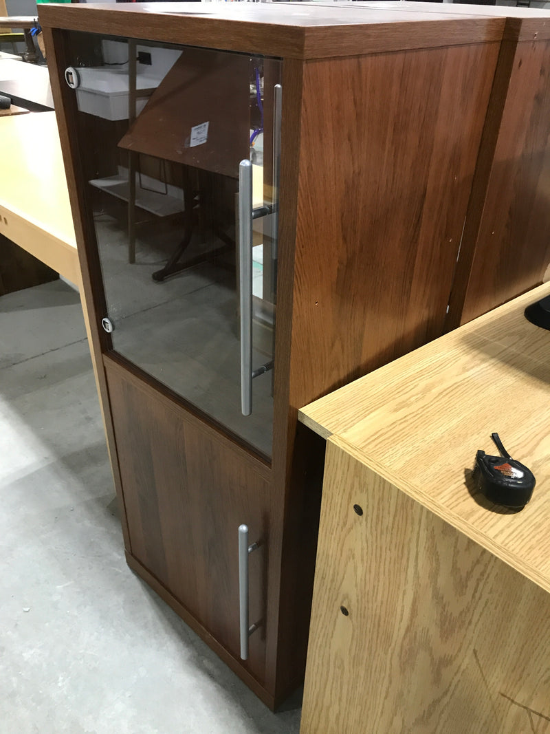 Reddish Wooden Storage Cabinet With Glass Cabinet Door & Underneath Cabinet Storage With Wooden Door