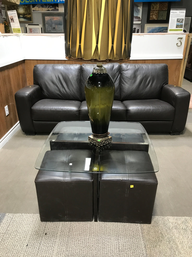 Glass Top Coffee Table With 4 Underneath Faux Leather Pullout Benches