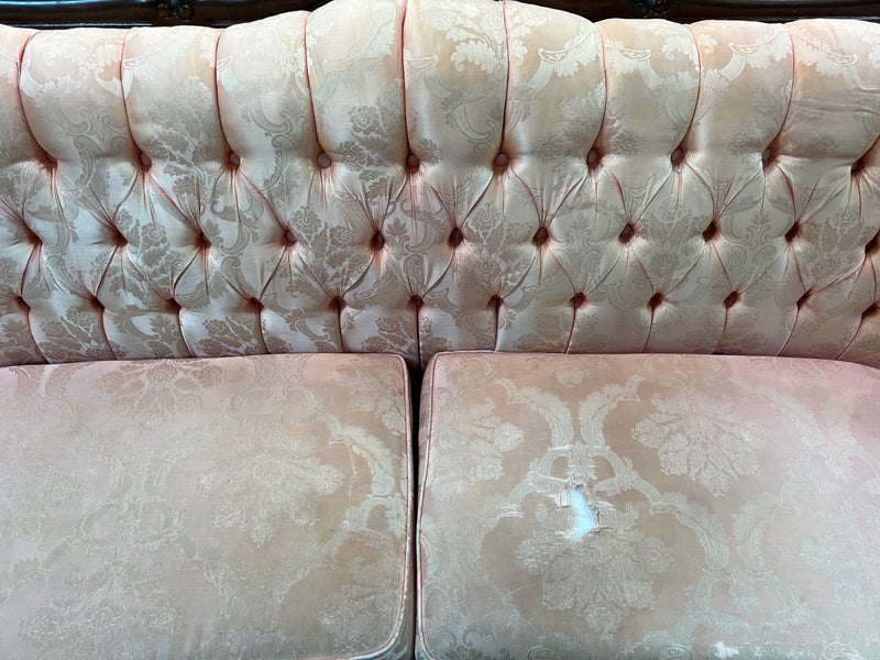 Vintage Victorian Blush Damask Tufted Parlor Sofa