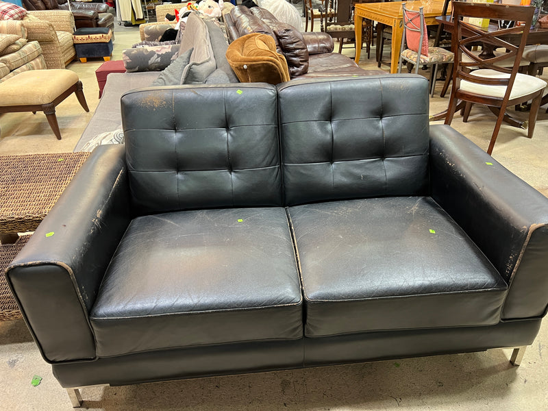 Black Mid-Century Modern Tufted Leather-Like Loveseat with Chrome Legs