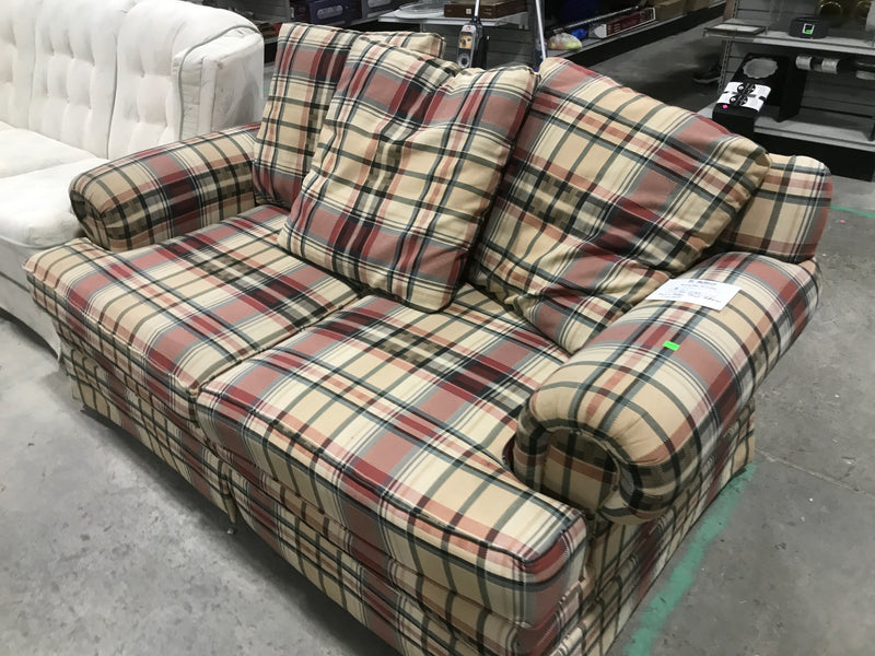 Red & Beige Plaid-Patterned Loveseat