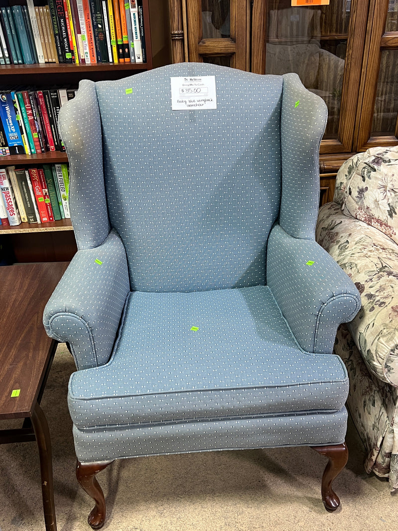 Classic Queen Anne Blue Wingback Armchair
