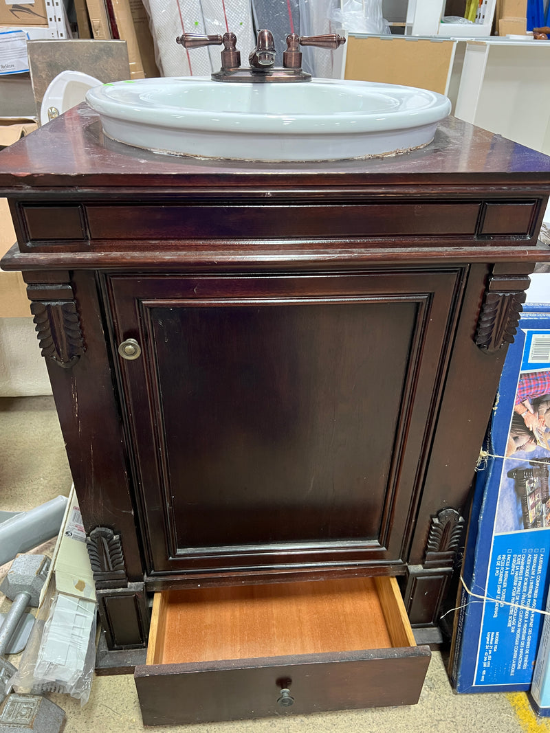 Traditional Dark Wood Single-Sink Bathroom Vanity with Ornate Bronze Faucet