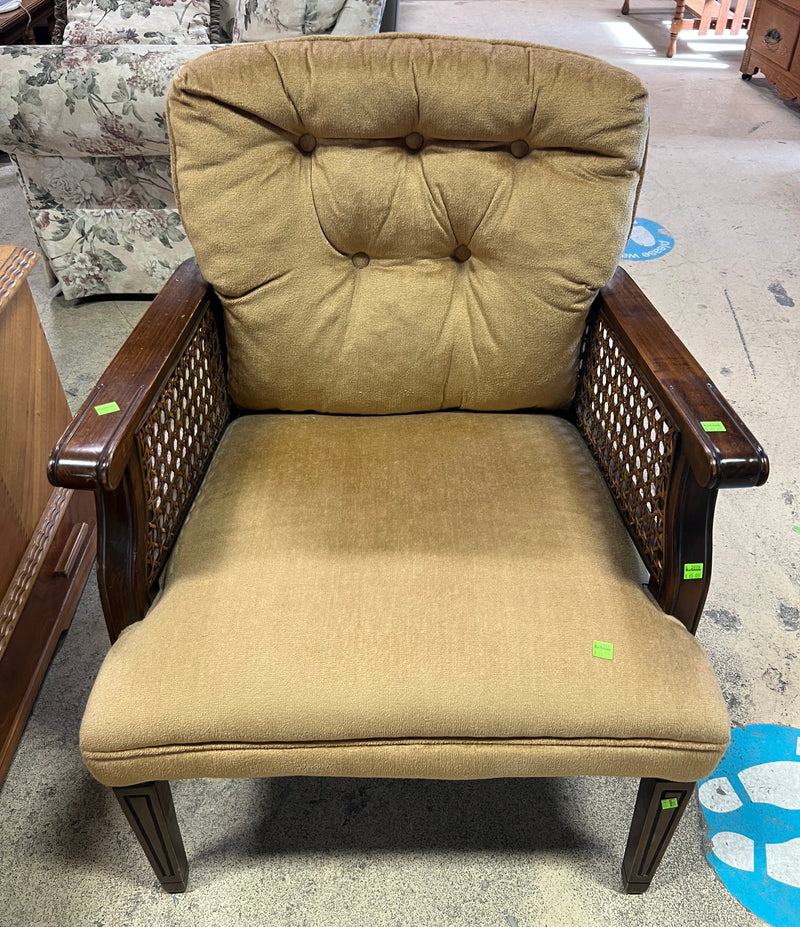 Tan Armchair with Wicker Armrests