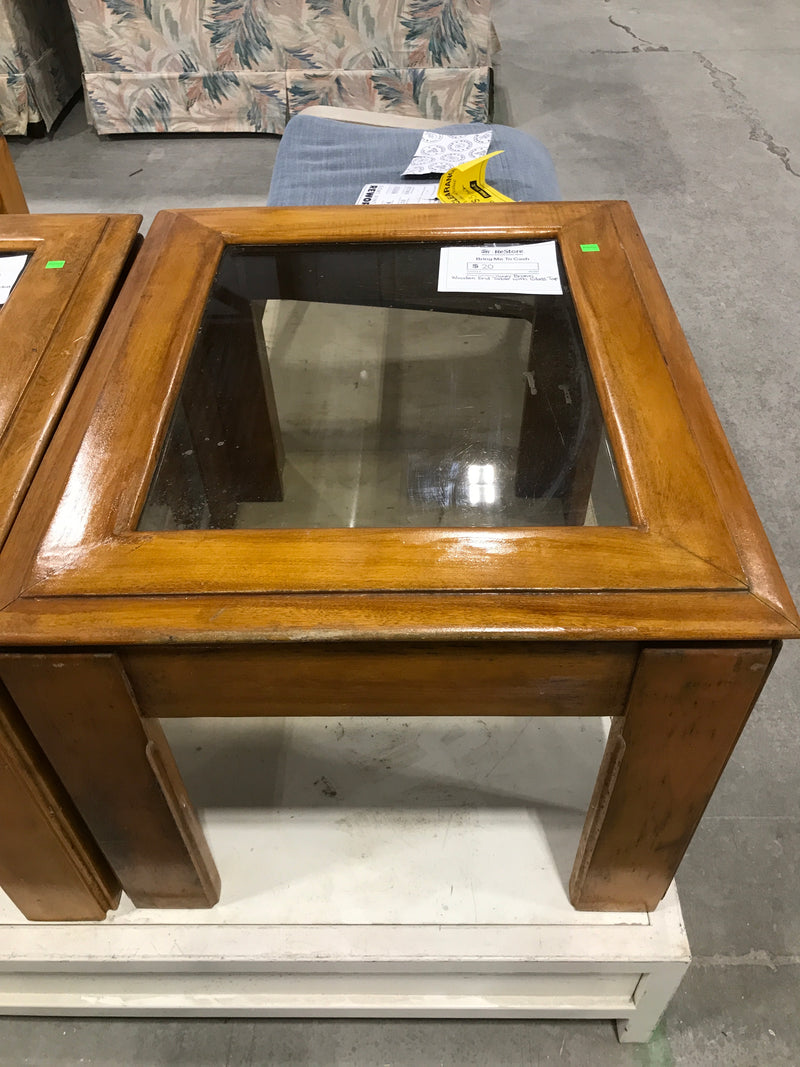 Honey Brown Wooden End Table With Glass Top