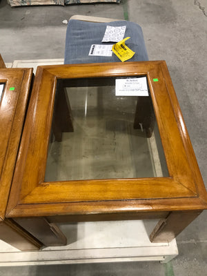Honey Brown Wooden End Table With Glass Top