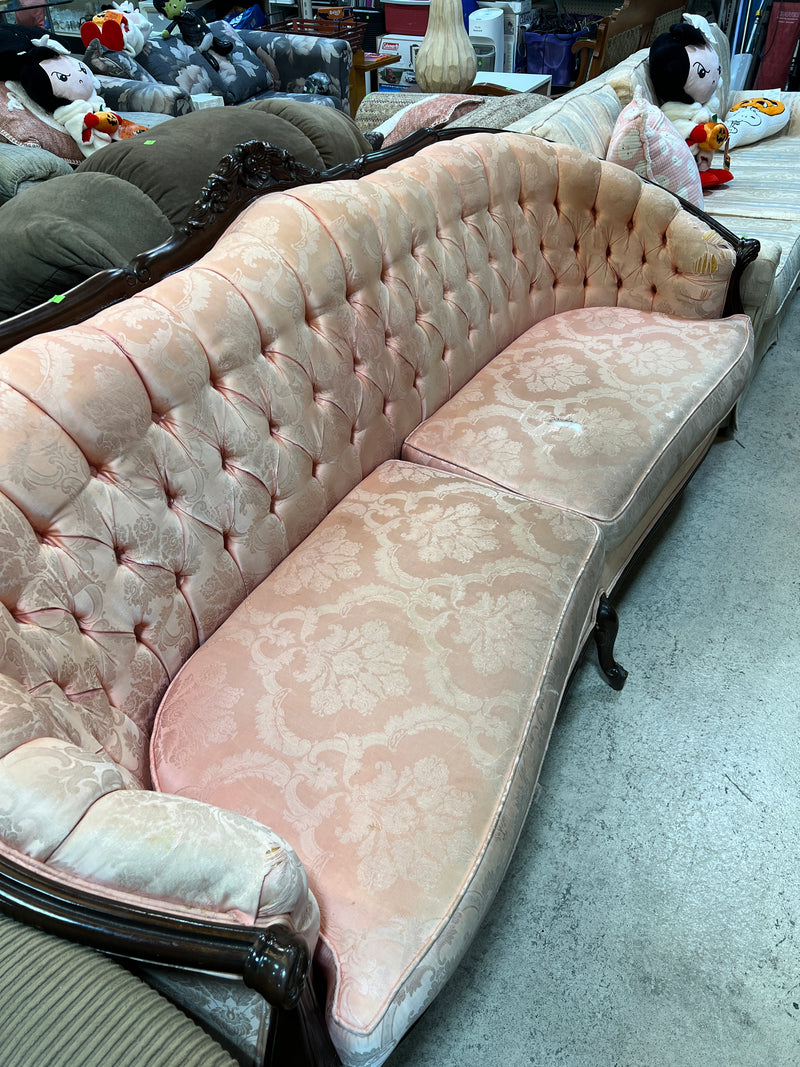 Vintage Victorian Blush Damask Tufted Parlor Sofa