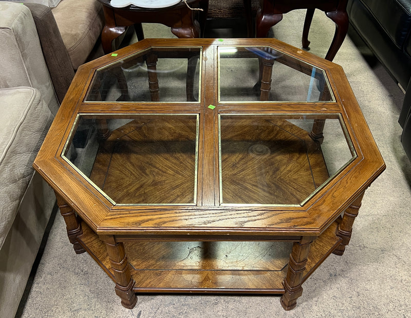 Vintage Octagonal Wood & Glass Coffee Table