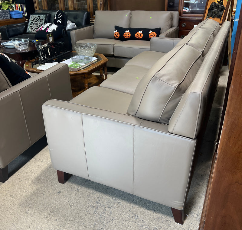 Taupe Leather Three-Seat Sofa