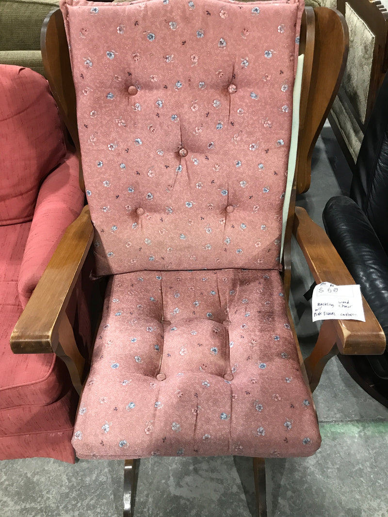Wooden Framed Rocking Chair With Pink Floral Cushioning